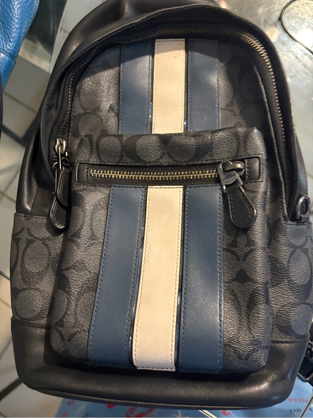 Coach Men's Black Backpack with Blue and Cream Center Stripes